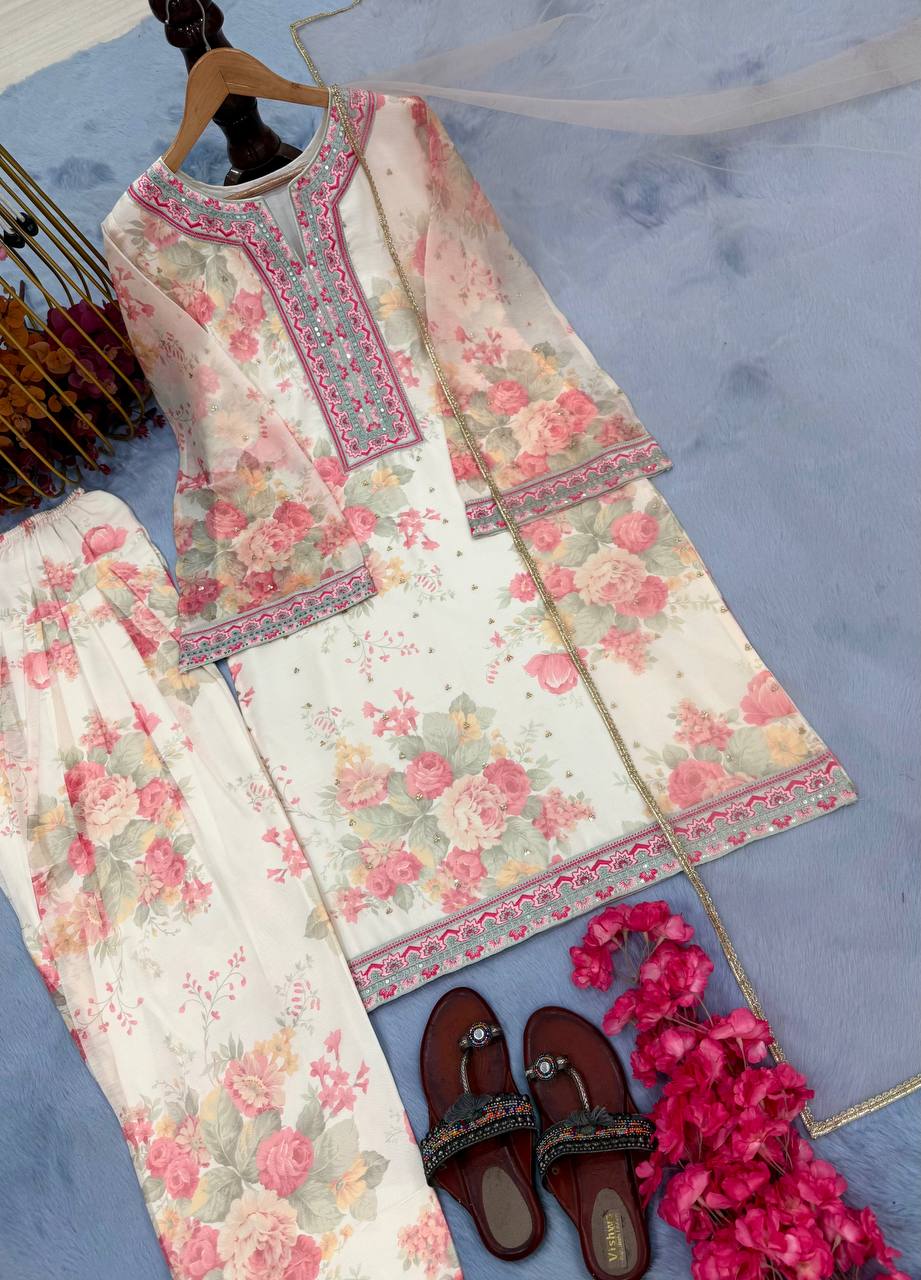 Premium Digital Printed Georgette Kurta Set with Farshi Plazzo & Net Dupatta