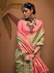 Pastel Green & Pink Banarasi Saree with Zari Stripes and Geometric Border