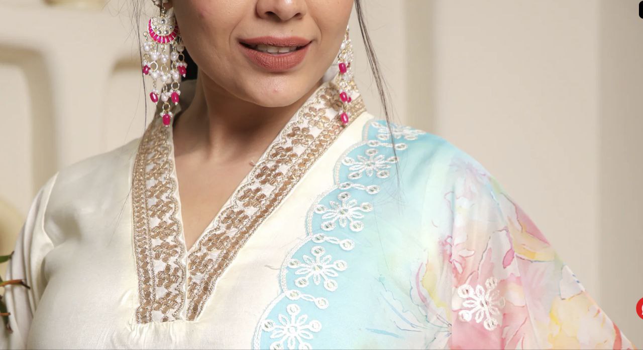 White Embroidered Chanderi Cotton Kurta Set with Organza Dupatta