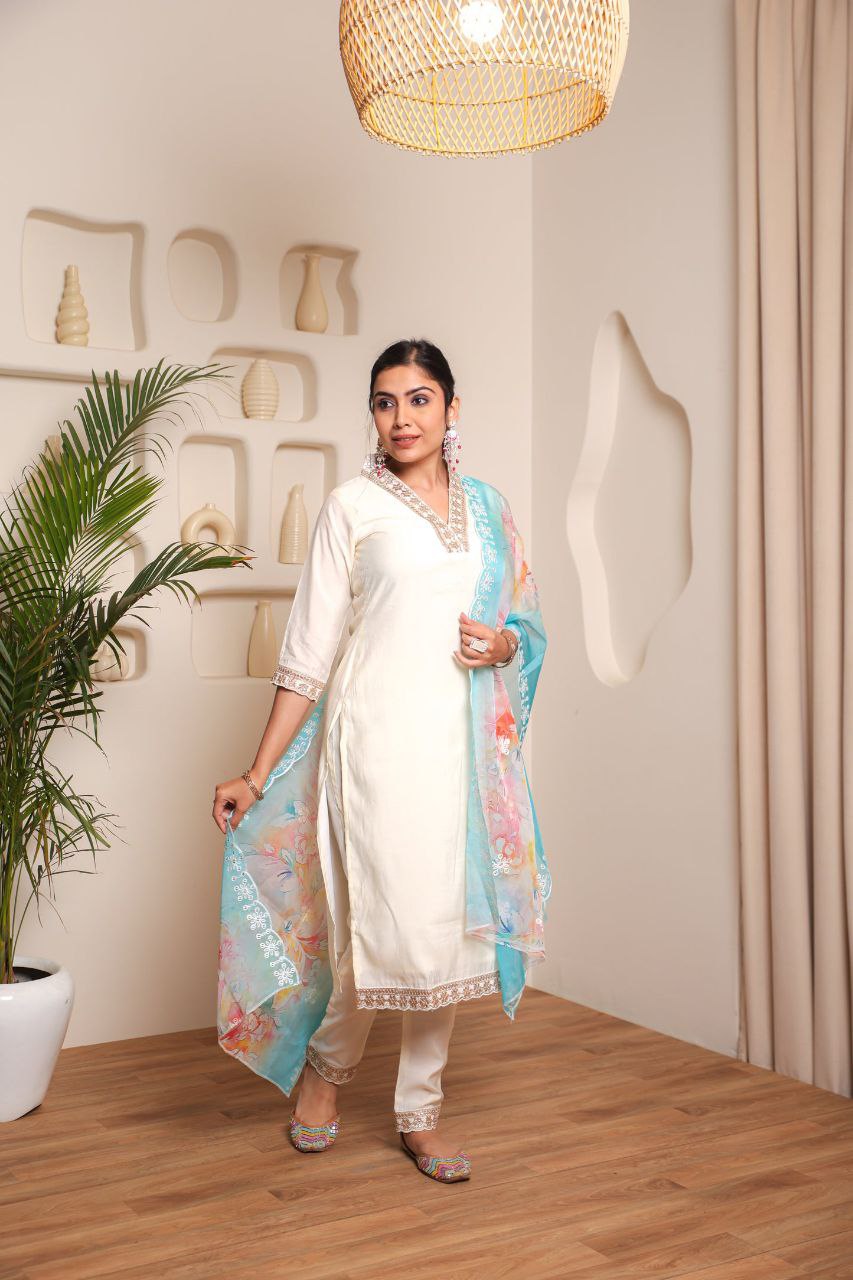 White Embroidered Chanderi Cotton Kurta Set with Organza Dupatta