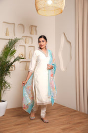 White Embroidered Chanderi Cotton Kurta Set with Organza Dupatta