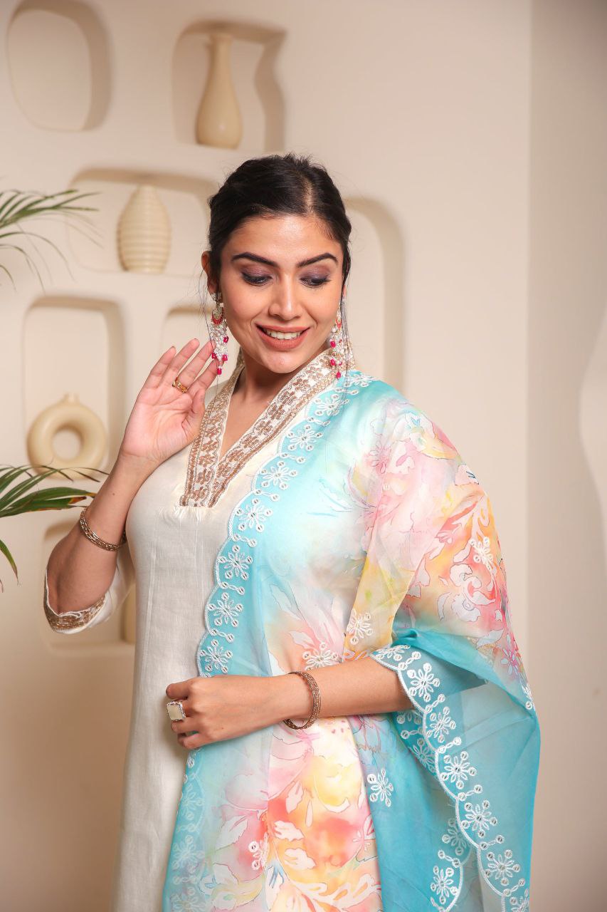White Embroidered Chanderi Cotton Kurta Set with Organza Dupatta
