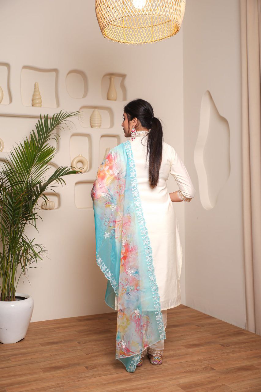White Embroidered Chanderi Cotton Kurta Set with Organza Dupatta