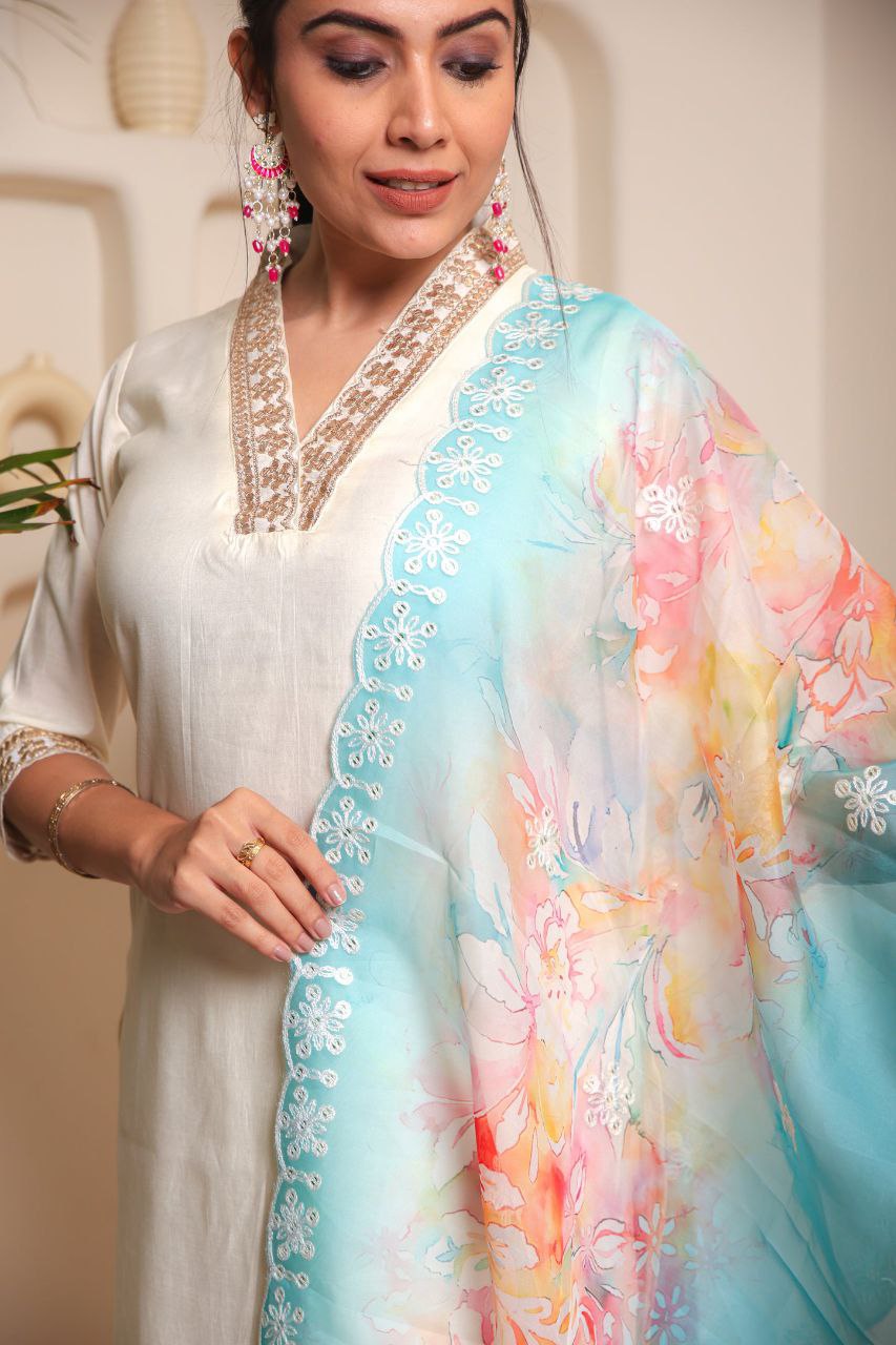 White Embroidered Chanderi Cotton Kurta Set with Organza Dupatta
