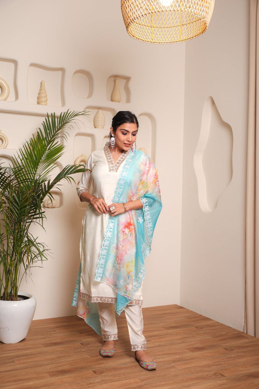 White Embroidered Chanderi Cotton Kurta Set with Organza Dupatta