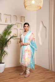 White Embroidered Chanderi Cotton Kurta Set with Organza Dupatta