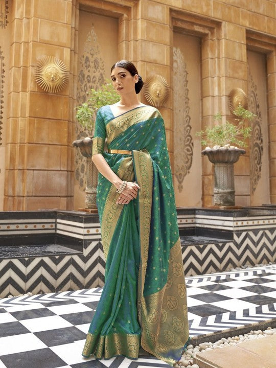 Emerald Green Banarasi Silk Saree with Antique Gold Zari & Unstitched Blouse