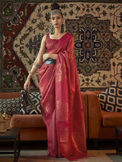 Regal Pink & Gold Banarasi Silk Blend Saree with Intricate Zari Weaving