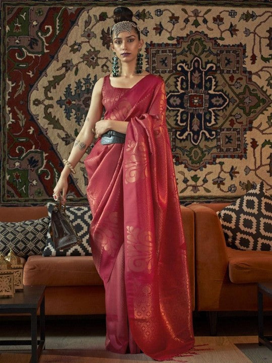 Regal Pink & Gold Banarasi Silk Blend Saree with Intricate Zari Weaving