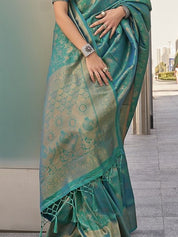 Elegant Sea Green Banarasi Saree with Gold Zari Border & Unstitched Blouse
