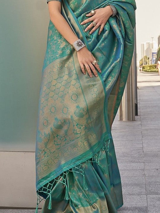 Elegant Sea Green Banarasi Saree with Gold Zari Border & Unstitched Blouse