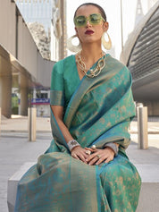 Elegant Sea Green Banarasi Saree with Gold Zari Border & Unstitched Blouse