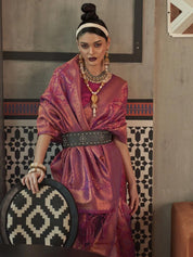 Wine & Gold Banarasi Silk Blend Saree with Traditional Zari Work