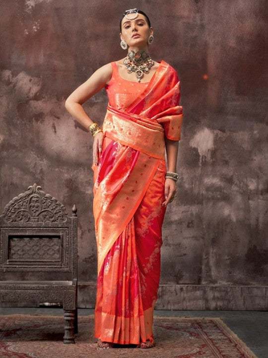 Blush Pink Banarasi Silk Saree with Intricate Zari Work & Unstitched Blouse