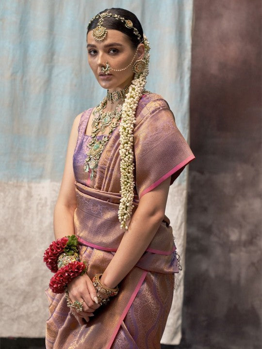 Iridescent Lavender & Gold Banarasi Silk Saree with Subtle Pink Edging