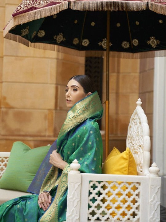 Emerald Green Banarasi Silk Saree with Antique Gold Zari & Unstitched Blouse