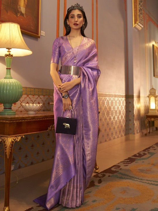 Regal Lavender Banarasi Silk Saree with Silver Zari & Unstitched Blouse