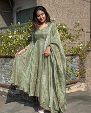 Embroidered Gold Net Anarkali Gown Set with Dupatta & Cups