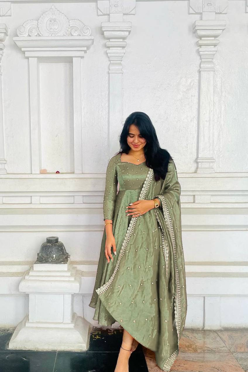 Embroidered Gold Net Anarkali Gown Set with Dupatta & Cups