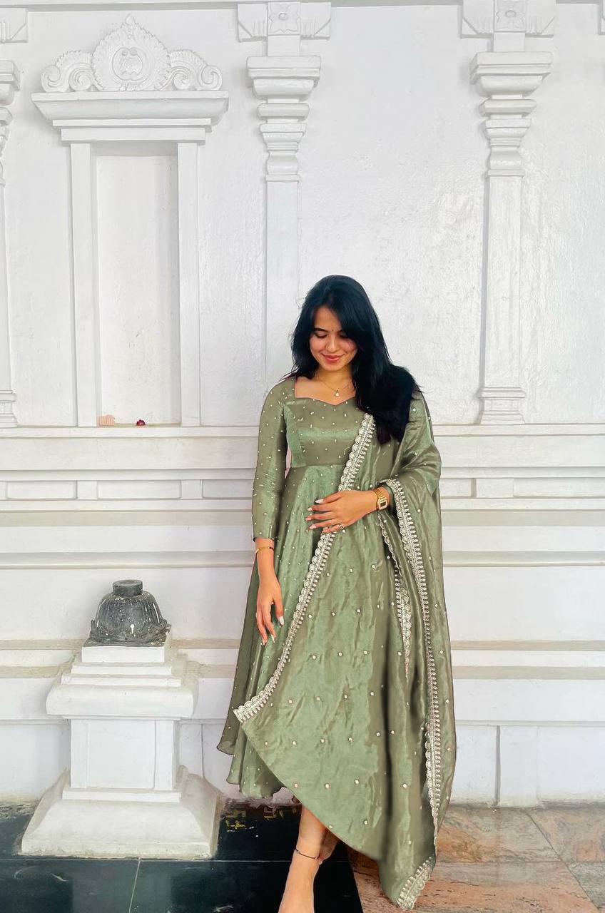Embroidered Gold Net Anarkali Gown Set with Dupatta & Cups