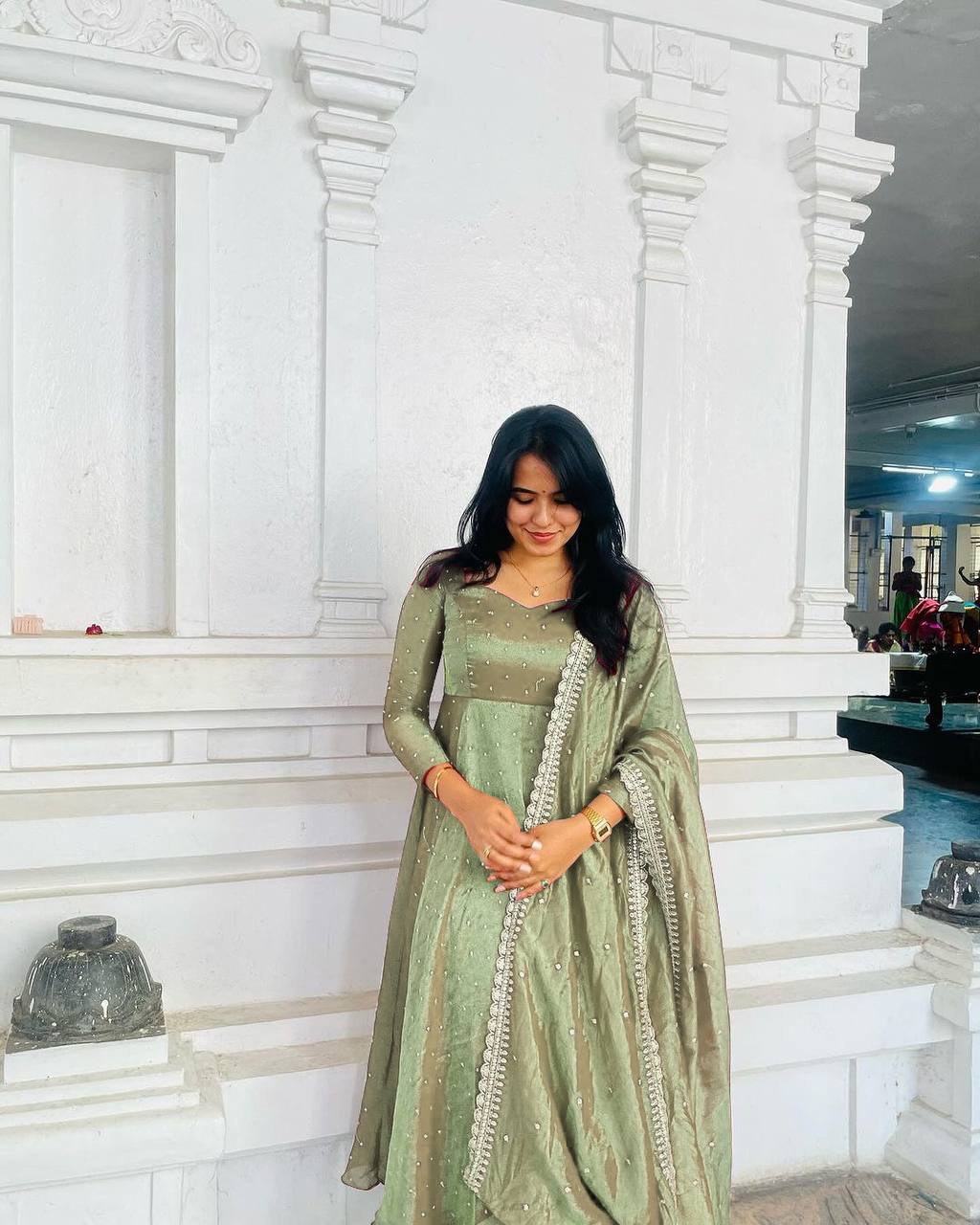 Embroidered Gold Net Anarkali Gown Set with Dupatta & Cups