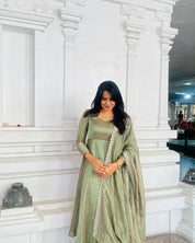 Embroidered Gold Net Anarkali Gown Set with Dupatta & Cups
