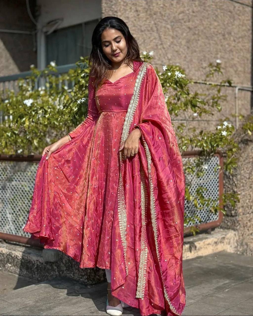 Embroidered Gold Net Anarkali Gown Set with Dupatta & Cups