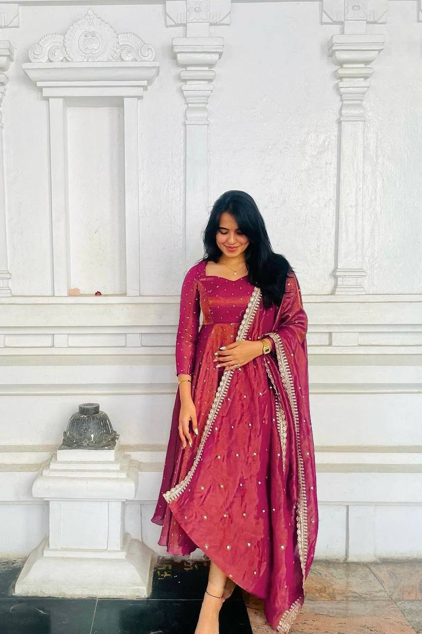 Embroidered Gold Net Anarkali Gown Set with Dupatta & Cups