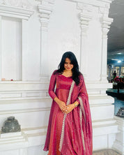 Embroidered Gold Net Anarkali Gown Set with Dupatta & Cups