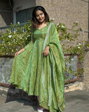 Embroidered Gold Net Anarkali Gown Set with Dupatta & Cups