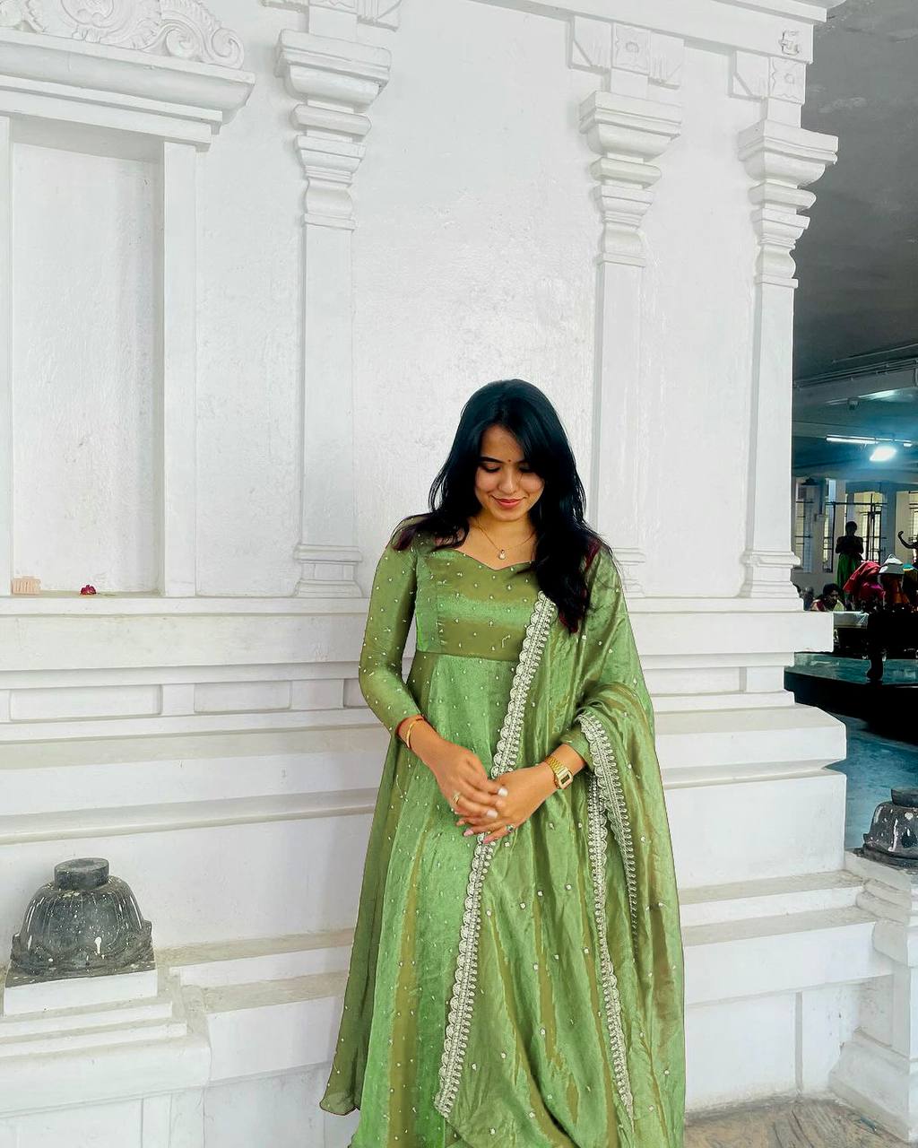 Embroidered Gold Net Anarkali Gown Set with Dupatta & Cups