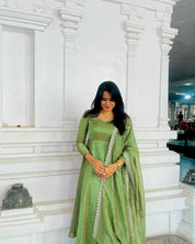 Embroidered Gold Net Anarkali Gown Set with Dupatta & Cups