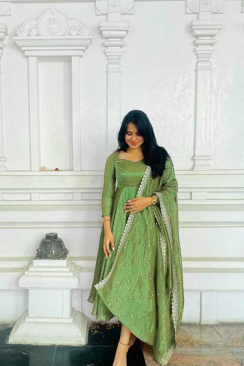 Embroidered Gold Net Anarkali Gown Set with Dupatta & Cups