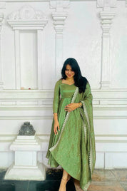 Embroidered Gold Net Anarkali Gown Set with Dupatta & Cups
