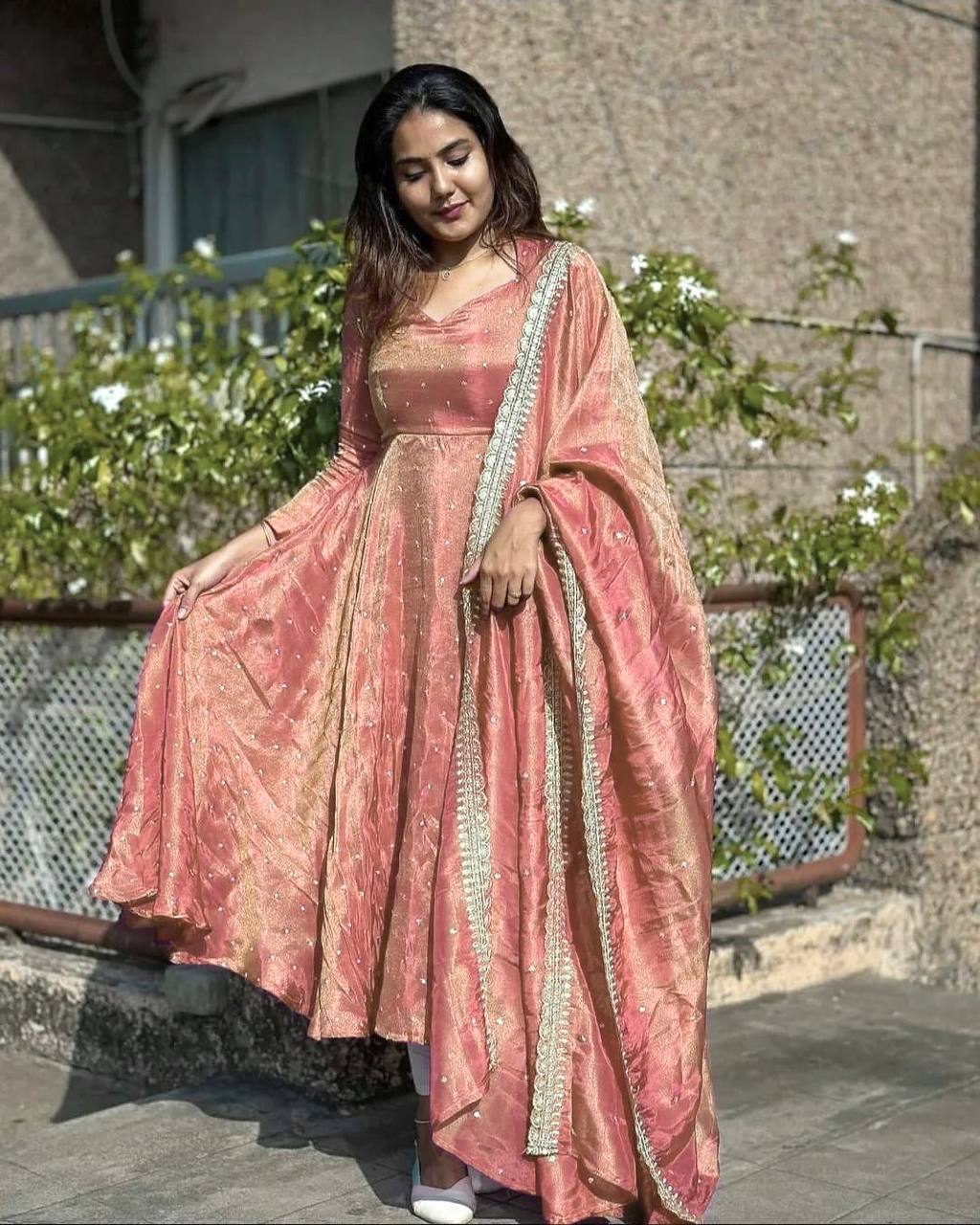 Embroidered Gold Net Anarkali Gown Set with Dupatta & Cups
