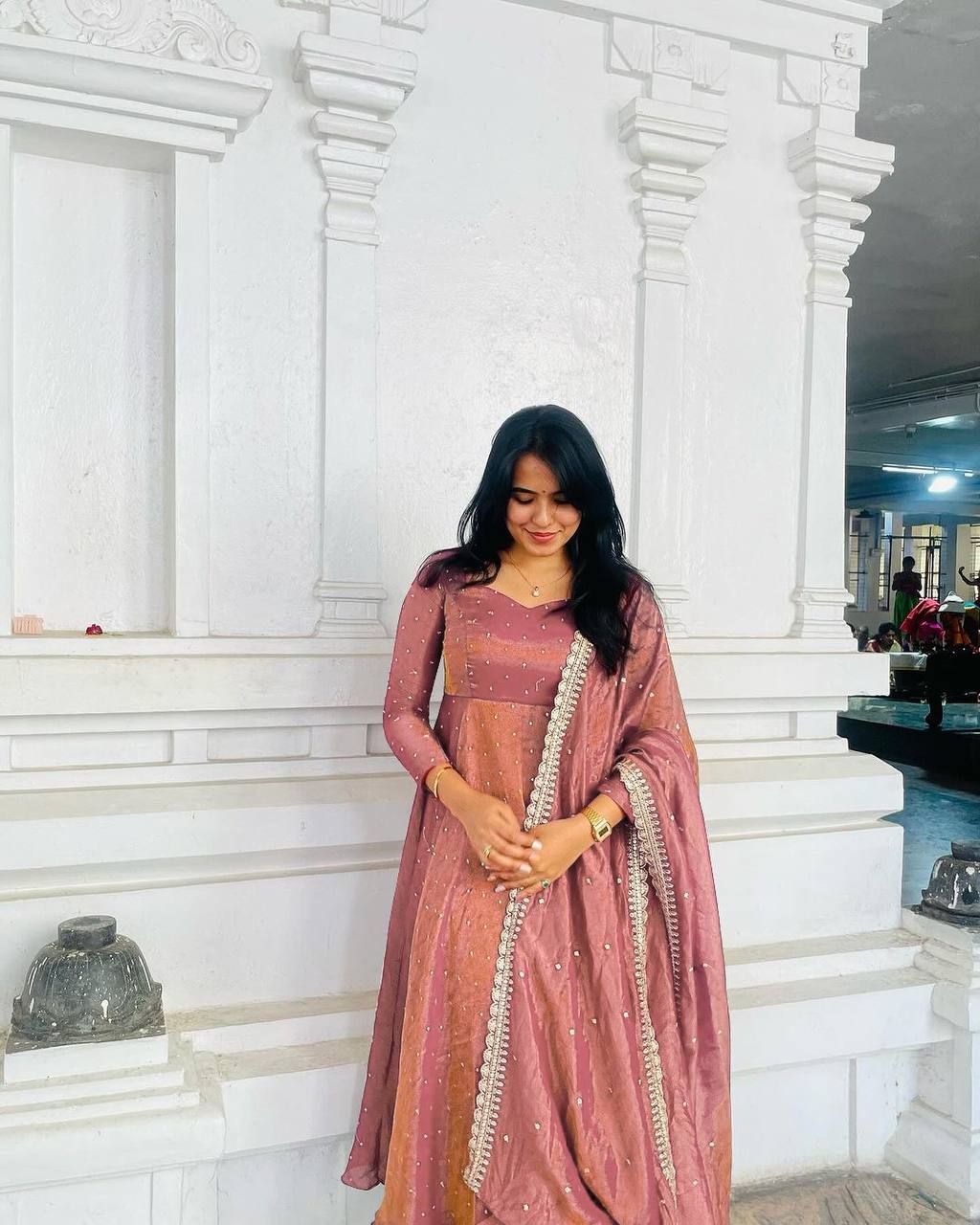 Embroidered Gold Net Anarkali Gown Set with Dupatta & Cups