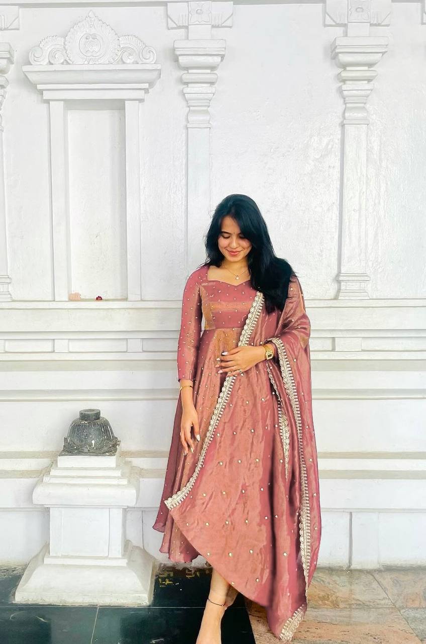 Embroidered Gold Net Anarkali Gown Set with Dupatta & Cups