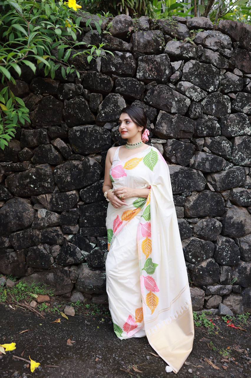 Pure White & Golden Zari Banarasi Silk Saree with Jacquard Border