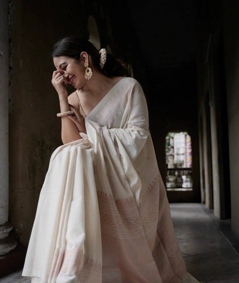 White Ethnic Woven Design Saree - Golden Blouse