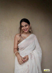 White Ethnic Woven Design Saree - Golden Blouse