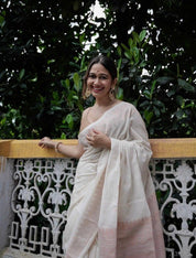 White Ethnic Woven Design Saree - Golden Blouse