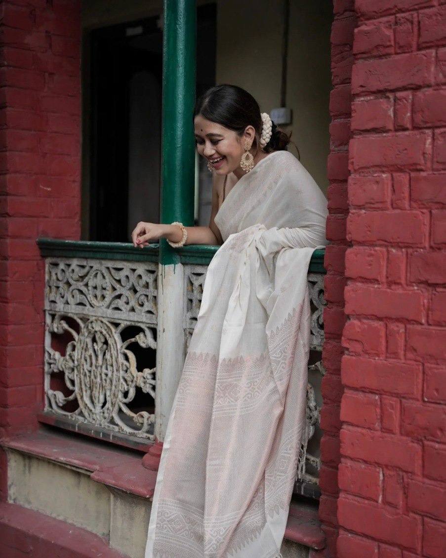 White Ethnic Woven Design Saree - Golden Blouse