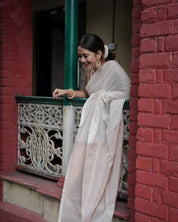 White Ethnic Woven Design Saree - Golden Blouse