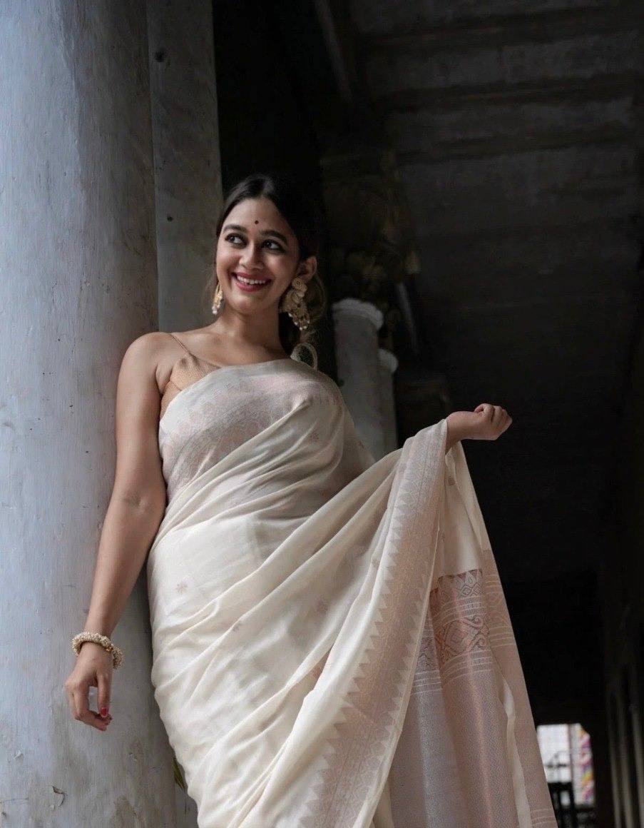 White Ethnic Woven Design Saree - Golden Blouse