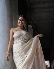 White Ethnic Woven Design Saree - Golden Blouse