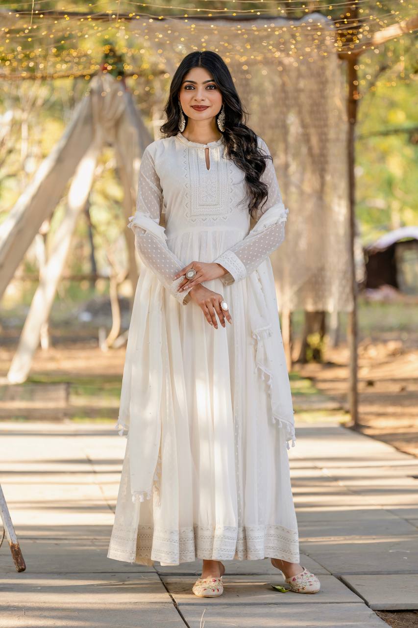 White Embroidered Buti Georgette Anarkali Gown Set