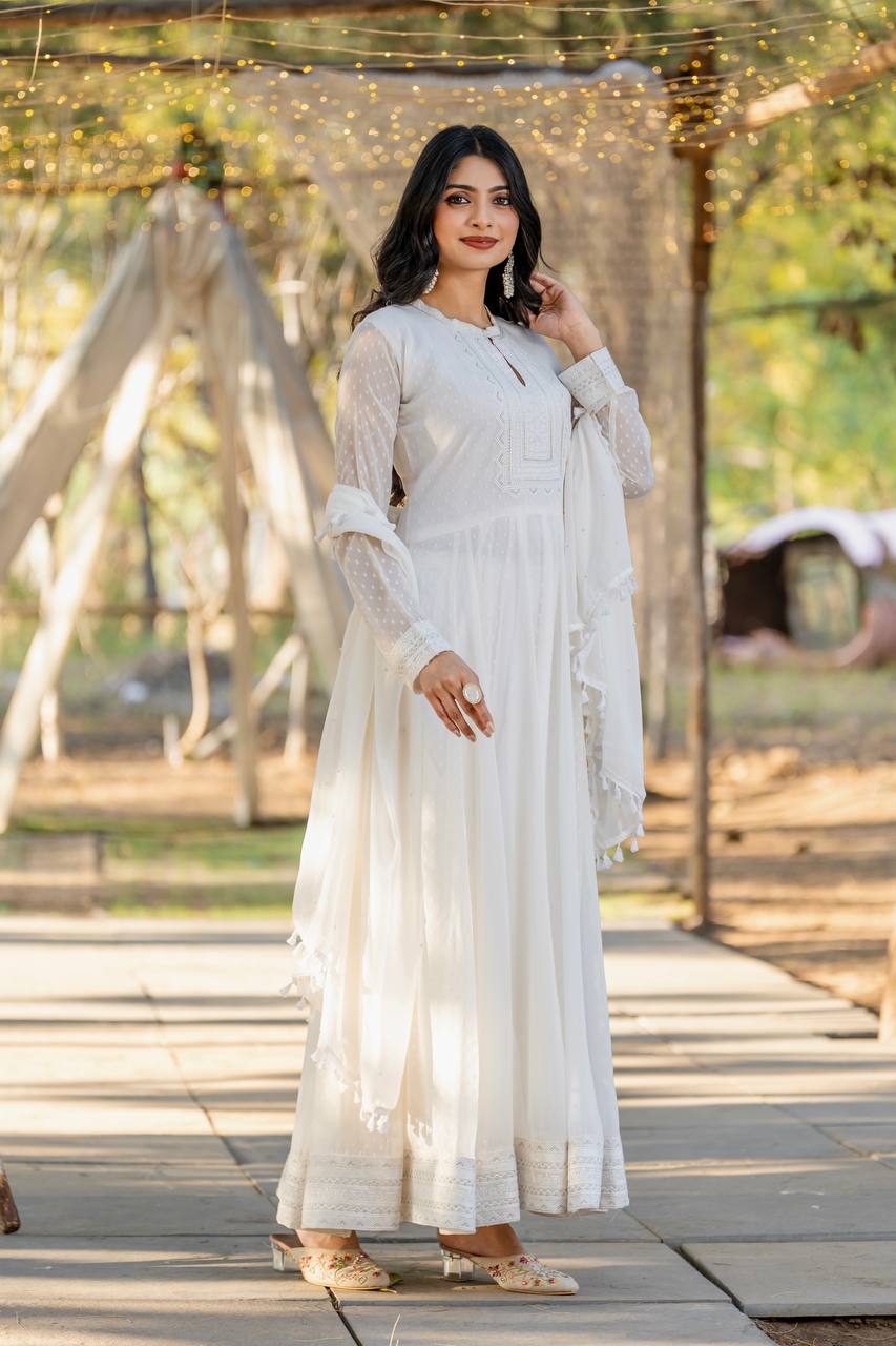 White Embroidered Buti Georgette Anarkali Gown Set
