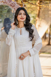 White Embroidered Buti Georgette Anarkali Gown Set