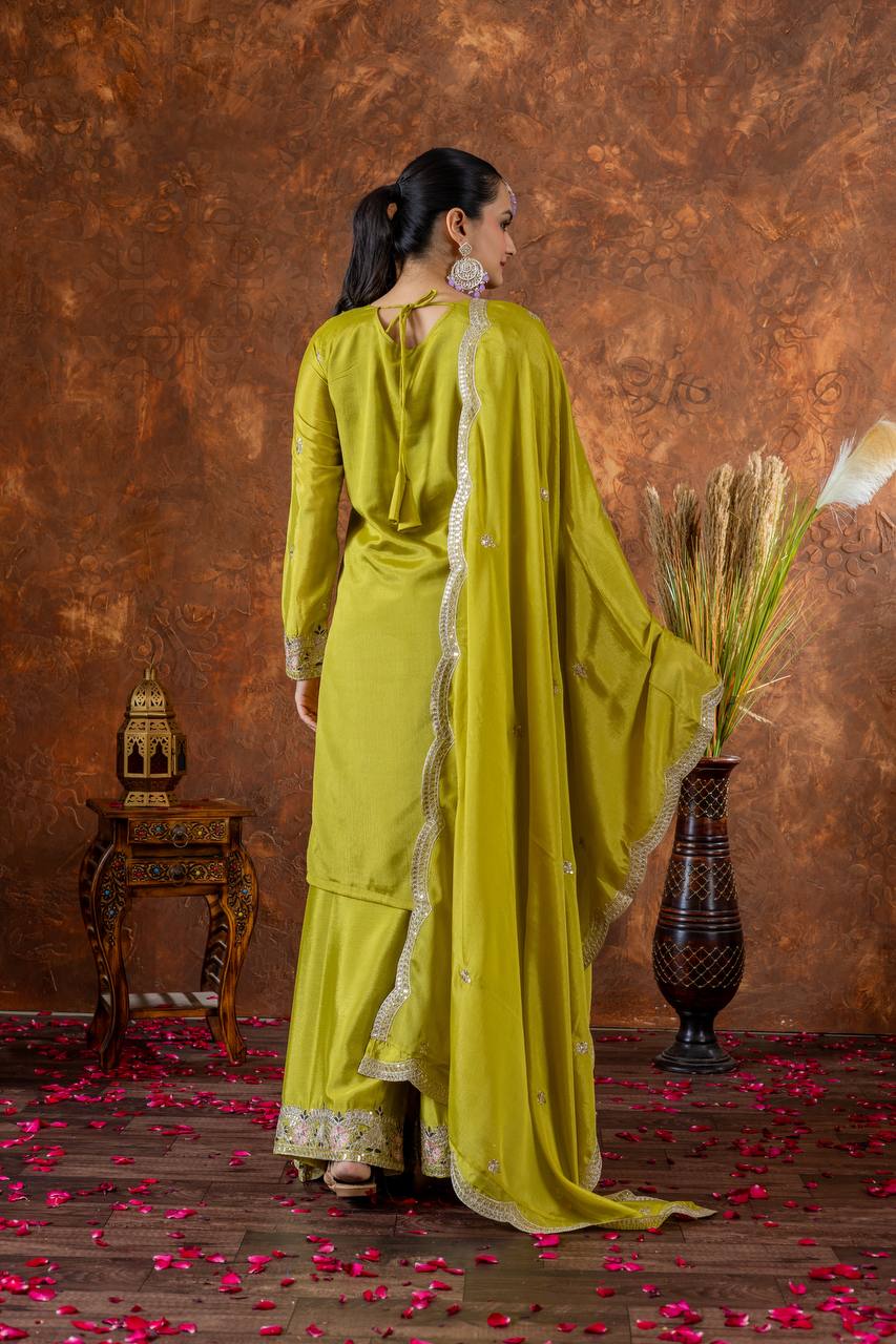 Designer Embroidered Chinon Silk Plazzo Set with Tassels