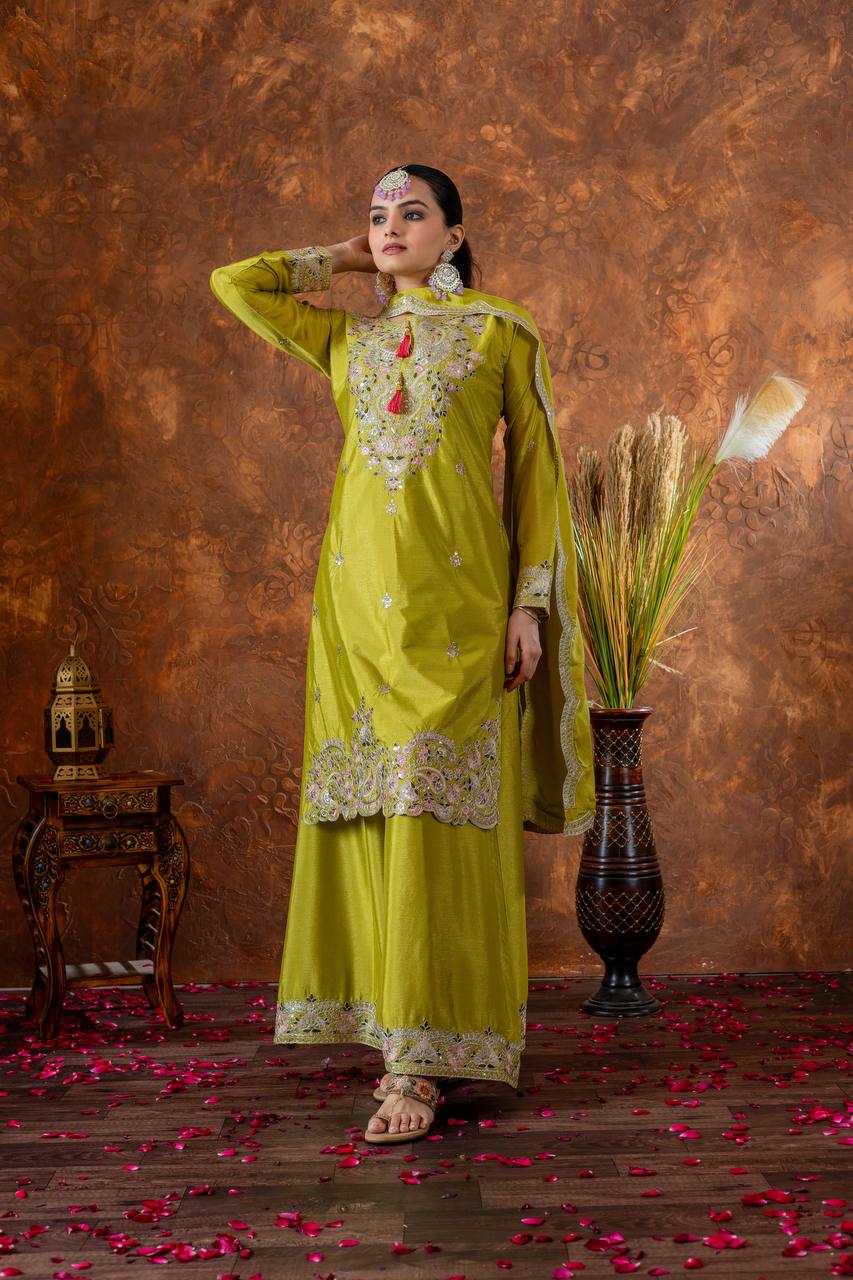 Designer Embroidered Chinon Silk Plazzo Set with Tassels